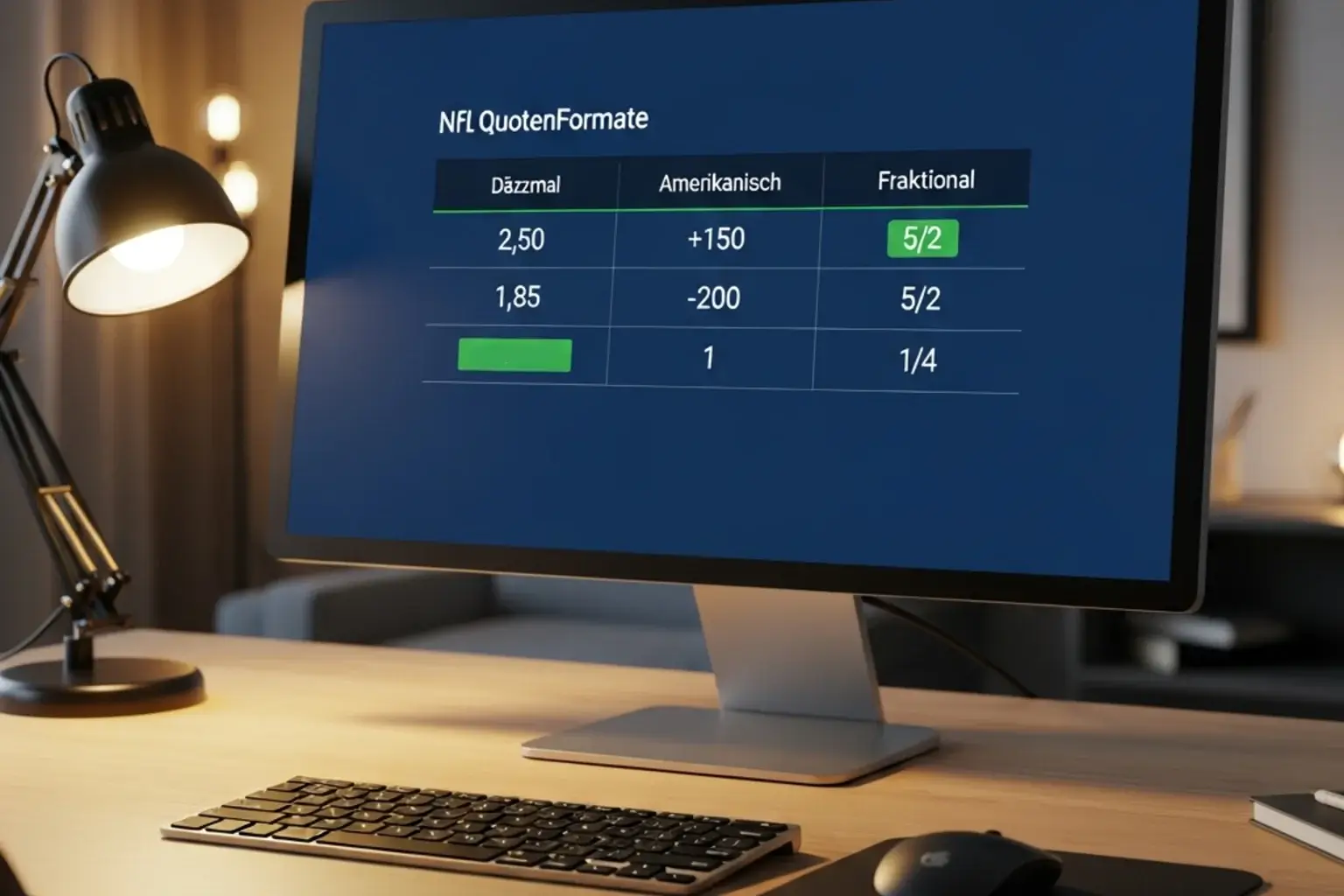 NFL Quotenformate — Vergleich von Dezimal-, amerikanischen und fraktionalen Quoten auf einem Bildschirm