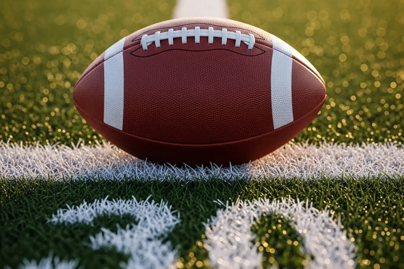 NFL Spread Wetten — Nahaufnahme eines American-Football auf dem Rasen mit Yard-Linien