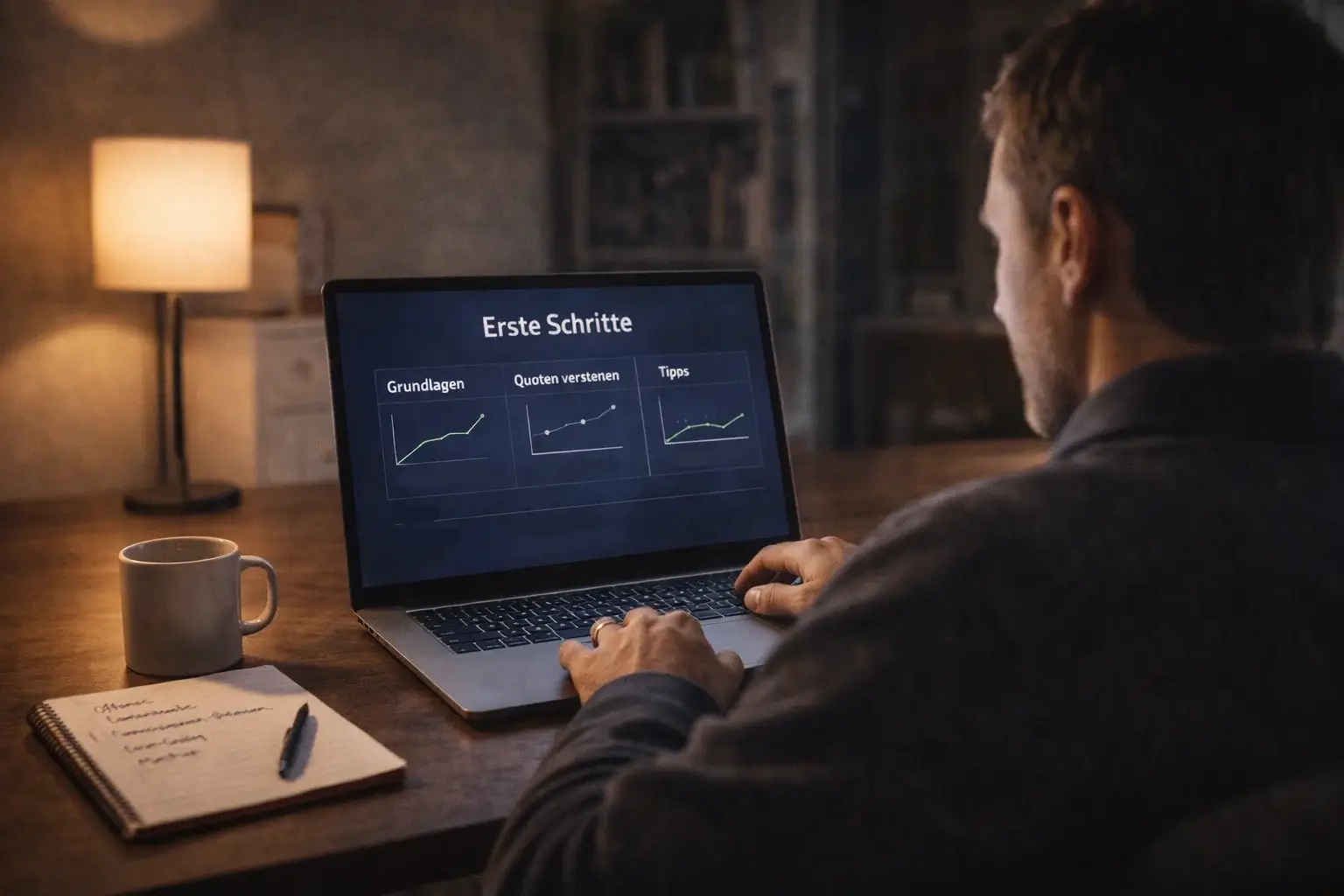 NFL Wetten für Anfänger — Person am Laptop mit Notizbuch und Stift bei der Wettanalyse